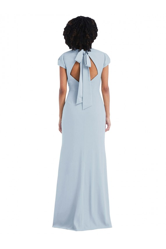 Stretch Crepe Jewel Neck Cap Sleeves Keyhole Back Long Semi Formal Evening Dress / Bridesmaid Dress Kent