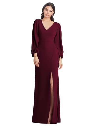 Stretch Crepe V-Neck Puff Sleeves Long Semi Formal Evening Dress / Prom Dress / Bridesmaid Dress Kent