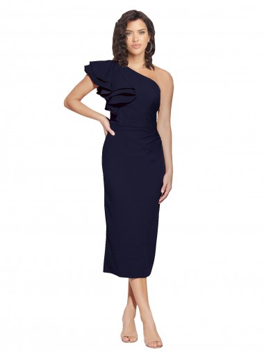 Stretch Crepe One Shoulder Sleeveless Dark Navy Midi Length Formal Evening Gown / Prom Dress / Bridesmaid Dress Kent