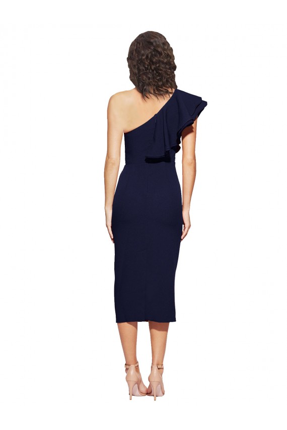 Stretch Crepe One Shoulder Sleeveless Dark Navy Midi Length Formal Evening Gown / Prom Dress / Bridesmaid Dress Kent