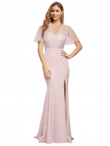Stretch Crepe & Tulle One Shoulder Short Sleeves V-Back Long Formal Evening Gown / Prom Dress / Bridesmaid Dress Kent