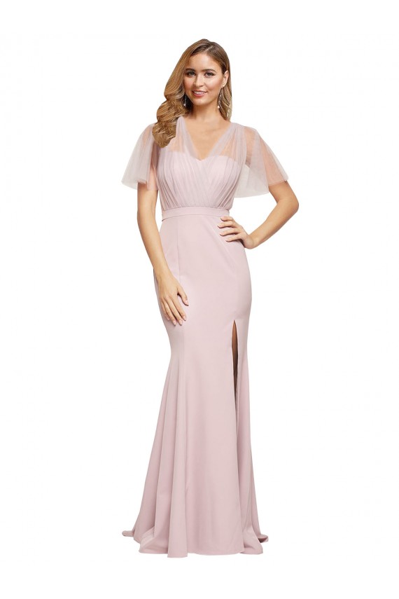 Stretch Crepe & Tulle One Shoulder Short Sleeves V-Back Long Formal Evening Gown / Prom Dress / Bridesmaid Dress Kent