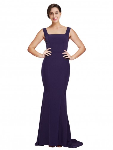 Stretch Crepe Square Neck Sleeveless Dark Navy Sweep Train Semi Formal Evening Dress / Prom Dress / Bridesmaid Dress Kent