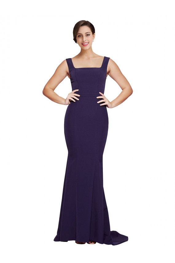 Stretch Crepe Square Neck Sleeveless Dark Navy Sweep Train Semi Formal Evening Dress / Prom Dress / Bridesmaid Dress Kent