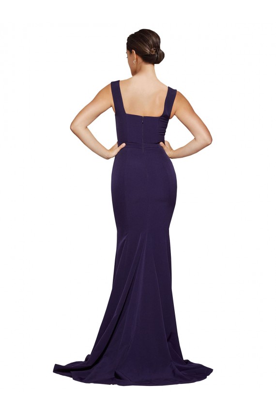 Stretch Crepe Square Neck Sleeveless Dark Navy Sweep Train Semi Formal Evening Dress / Prom Dress / Bridesmaid Dress Kent