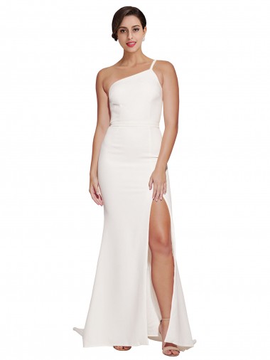 Stretch Crepe One Shoulder Sleeveless Ivory Sweep Train Semi Formal Evening Dress / Prom Dress / Bridesmaid Dress Kent