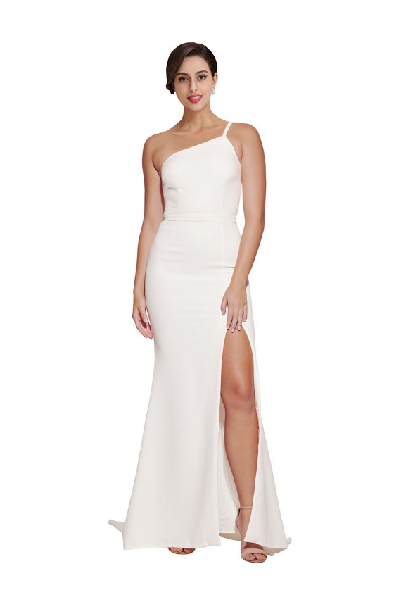 Stretch Crepe One Shoulder Sleeveless Ivory Sweep Train Semi Formal Evening Dress / Prom Dress / Bridesmaid Dress Kent
