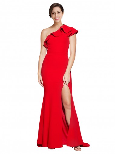 Stretch Crepe One Shoulder Sleeveless Red Sweep Train Semi Formal Evening Dress / Prom Dress / Bridesmaid Dress Kent