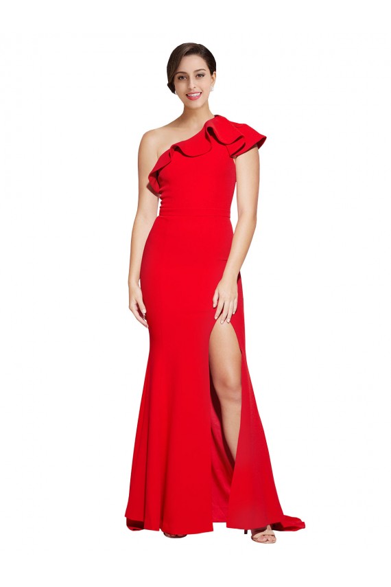 Stretch Crepe One Shoulder Sleeveless Red Sweep Train Semi Formal Evening Dress / Prom Dress / Bridesmaid Dress Kent
