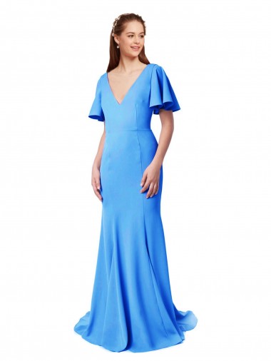 Stretch Crepe V-Neck Short Sleeves V-Back Sweep Train Prom Dress / Bridesmaid Dress Kent