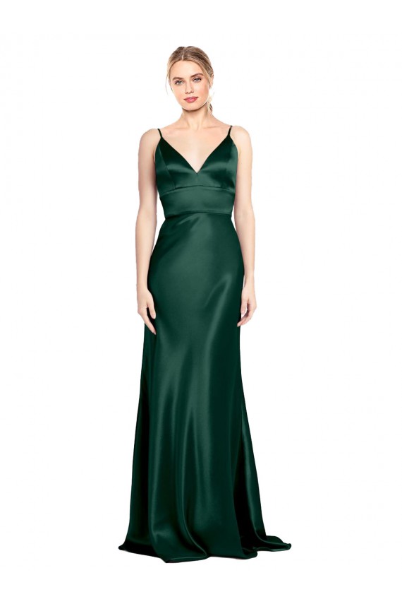 Stretch Satin Spaghetti Straps Sleeveless V-Back Hunter Long Formal Evening Gown / Prom Dress / Bridesmaid Dress Kent