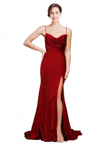 Stretch Satin Spaghetti Straps Sleeveless Open Back Sweep Train Black Tie Evening Gown / Prom Dress / Bridesmaid Dress Kent