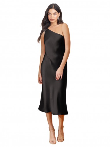 Stretch Satin One Shoulder Sleeveless Black Midi Length Black Tie Evening Dress / Prom Dress / Bridesmaid Dress Kent
