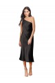 Stretch Satin One Shoulder Sleeveless Black Midi Length Black Tie Evening Dress / Prom Dress / Bridesmaid Dress Kent