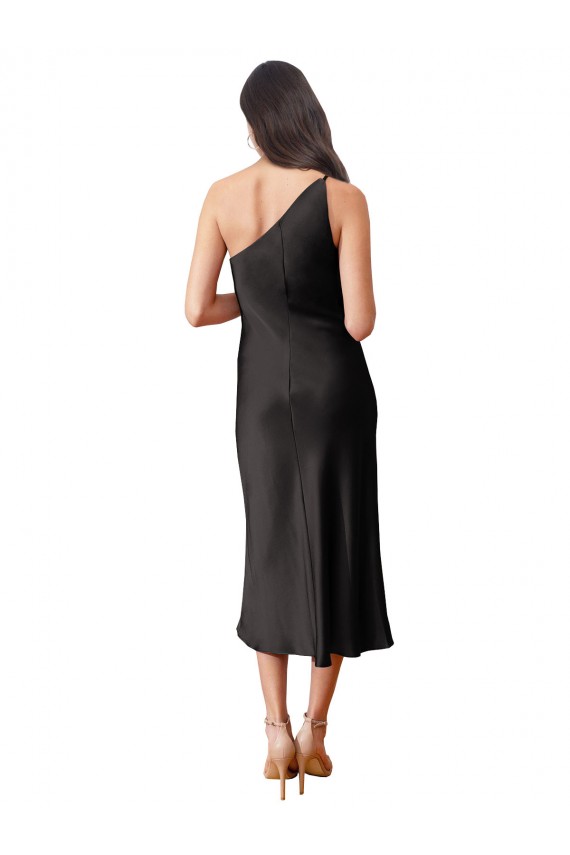 Stretch Satin One Shoulder Sleeveless Black Midi Length Black Tie Evening Dress / Prom Dress / Bridesmaid Dress Kent