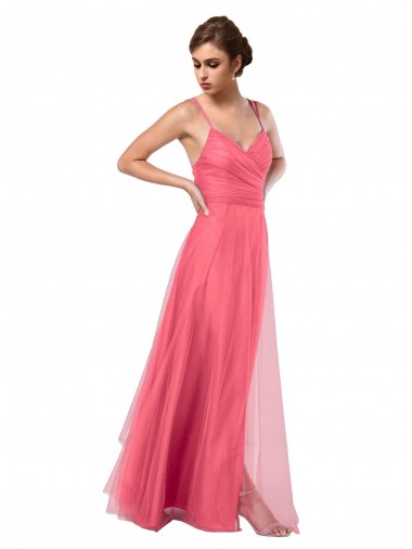 Tulle Spaghetti Straps Sleeveless V-Back Long Bridesmaid Dress Kent