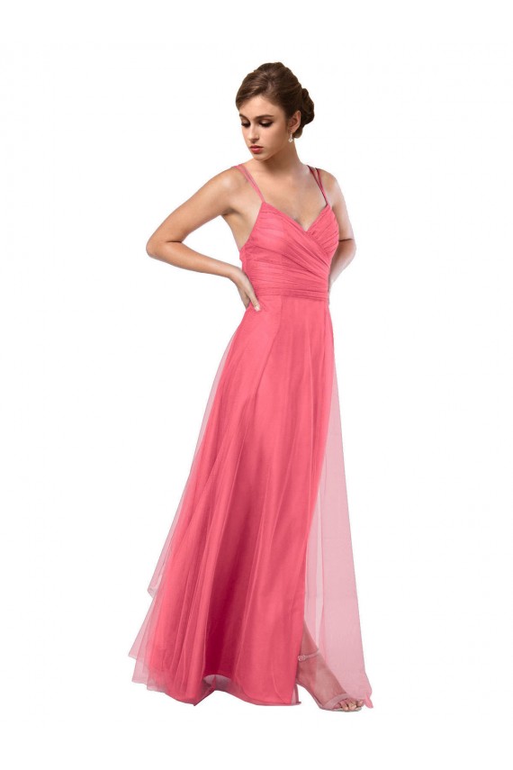 Tulle Spaghetti Straps Sleeveless V-Back Long Bridesmaid Dress Kent