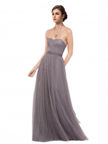 Tulle Spaghetti Straps Sleeveless V-Back Pewter Long Bridesmaid Dress Kent