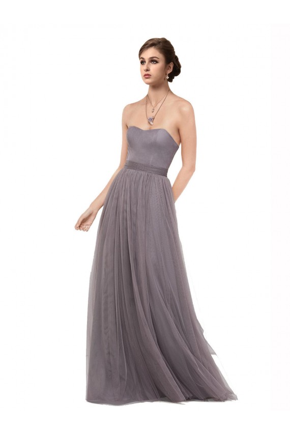 Tulle Spaghetti Straps Sleeveless V-Back Pewter Long Bridesmaid Dress Kent
