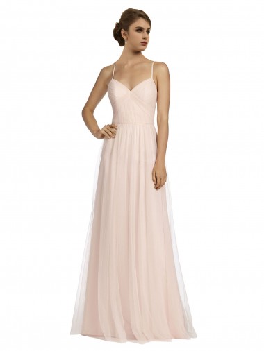 Tulle Spaghetti Straps Sleeveless Pink Long Bridesmaid Dress Kent