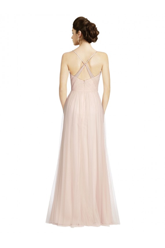 Tulle Spaghetti Straps Sleeveless Pink Long Bridesmaid Dress Kent