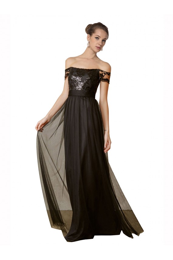 Tulle & Sequin Off the Shoulder Sleeveless Long Bridesmaid Dress Kent