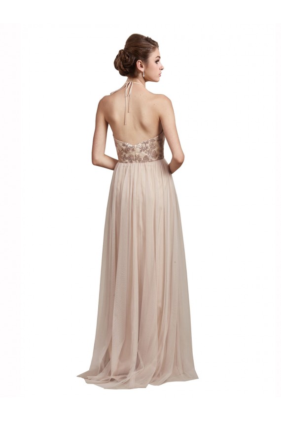 Tulle Halter Neck Sleeveless Nude Long Bridesmaid Dress Kent