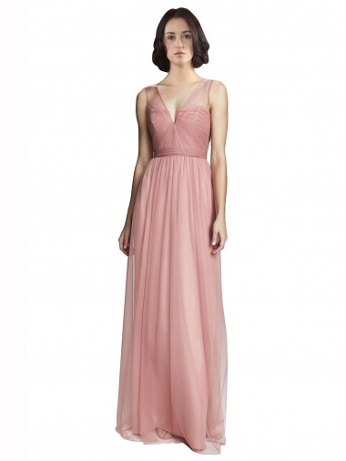 Tulle V-Neck Sleeveless Rose Pink Long Bridesmaid Dress Kent