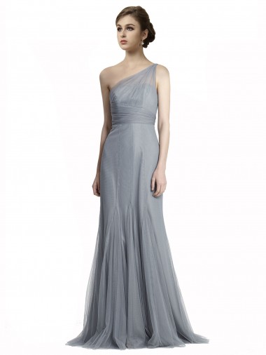 Tulle One Shoulder Sleeveless Slate Grey Long Bridesmaid Dress Kent