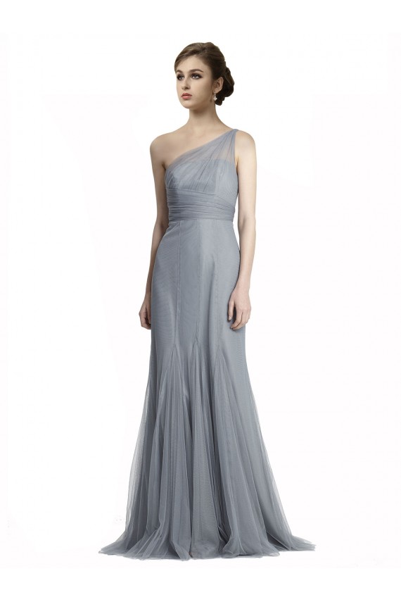 Tulle One Shoulder Sleeveless Slate Grey Long Bridesmaid Dress Kent