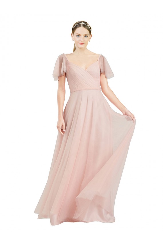 Tulle V-Neck Flutter Sleeves Long Formal Dress / Bridesmaid Dress Kent