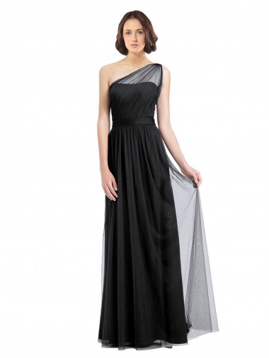 Tulle One Shoulder Sleeveless Black Long Bridesmaid Dress Kent