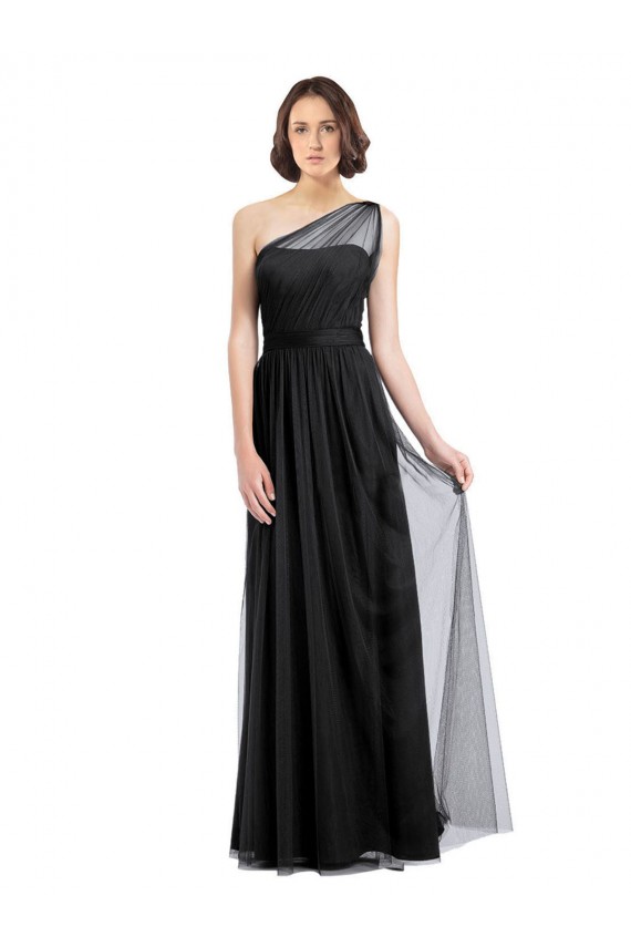 Tulle One Shoulder Sleeveless Black Long Bridesmaid Dress Kent