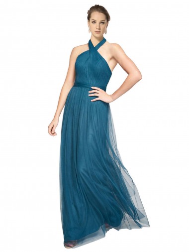 Tulle Halter Neck Sleeveless Open Back Long Bridesmaid Dress Kent
