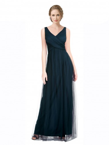 Tulle V-Neck Sleeveless Blue Long Bridesmaid Dress Kent