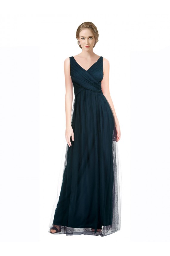 Tulle V-Neck Sleeveless Blue Long Bridesmaid Dress Kent