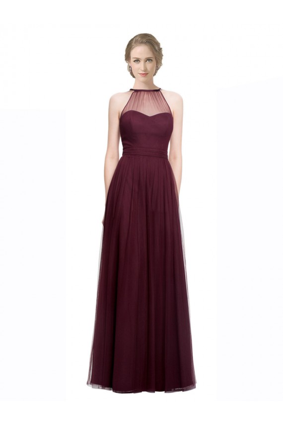 Tulle Halter Neck Sleeveless Red Long Bridesmaid Dress Kent