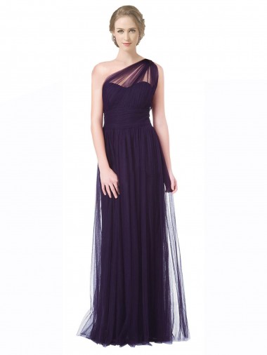Tulle One Shoulder Sleeveless Plum Long Bridesmaid Dress Kent