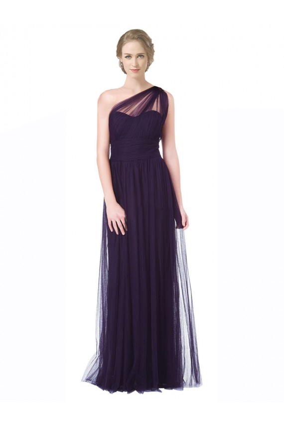 Tulle One Shoulder Sleeveless Plum Long Bridesmaid Dress Kent