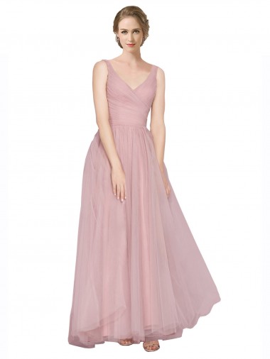 Tulle V-Neck Sleeveless V-Back Pink Long Bridesmaid Dress Kent