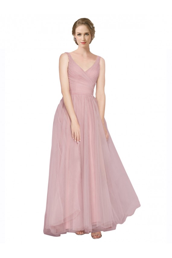 Tulle V-Neck Sleeveless V-Back Pink Long Bridesmaid Dress Kent
