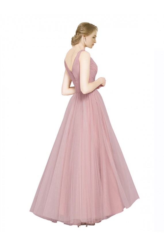 Tulle V-Neck Sleeveless V-Back Pink Long Bridesmaid Dress Kent