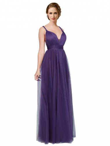 Tulle Spaghetti Straps Sleeveless Low Back Long Bridesmaid Dress Kent