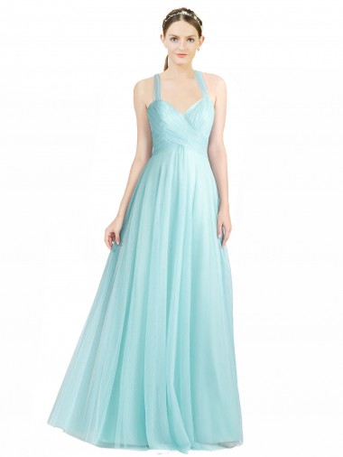Tulle Spaghetti Straps Sleeveless Low Back Mint Green Long Bridesmaid Dress Kent