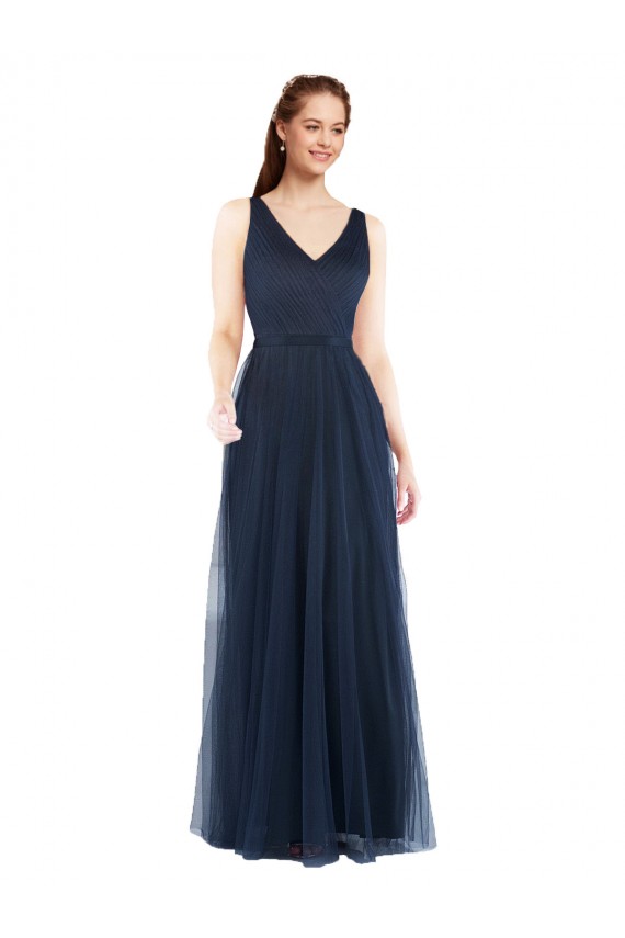Tulle V-Neck Sleeveless V-Back Dark Navy Long Bridesmaid Dress Kent