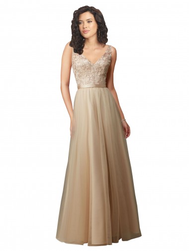 Tulle & Lace V-Neck Sleeveless V-Back Long Bridesmaid Dress Kent