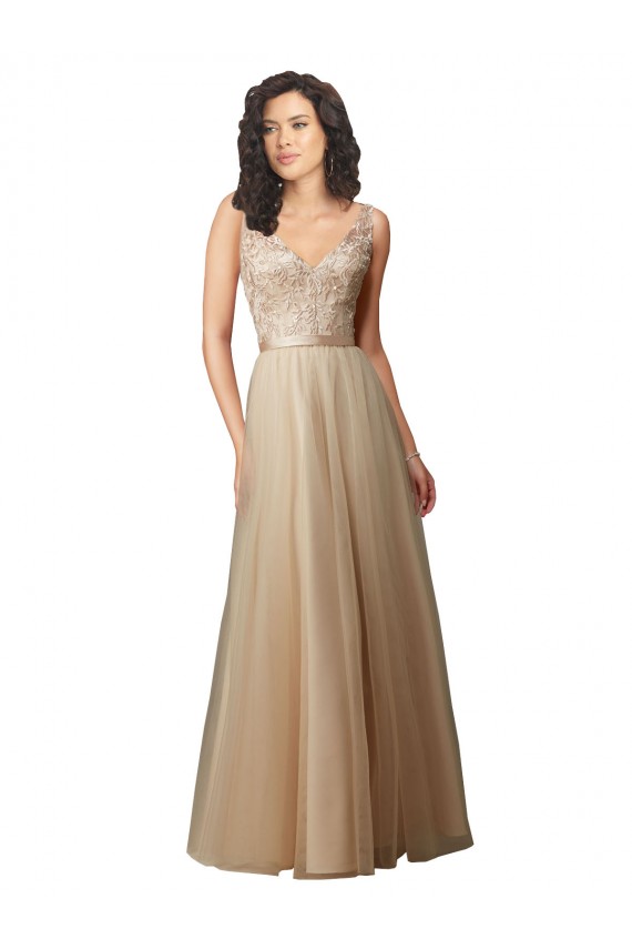 Tulle & Lace V-Neck Sleeveless V-Back Long Bridesmaid Dress Kent