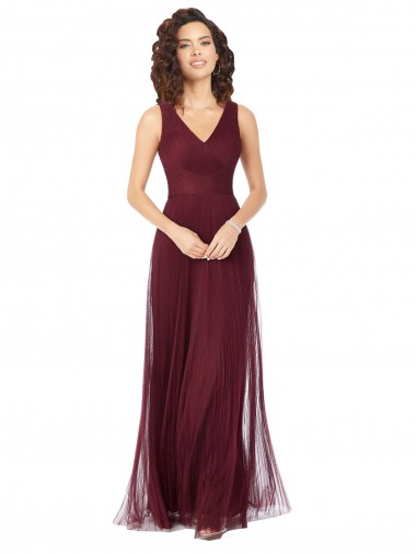 Tulle V-Neck Sleeveless Burgundy Gold Long Bridesmaid Dress Kent
