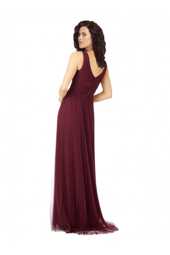 Tulle V-Neck Sleeveless Burgundy Gold Long Bridesmaid Dress Kent