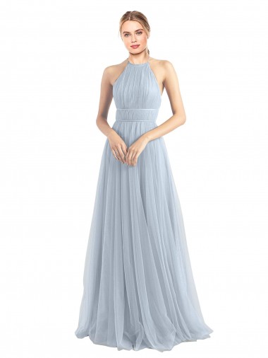 Tulle Halter Neck Sleeveless Open Back Light Sky Blue Long Bridesmaid Dress Kent